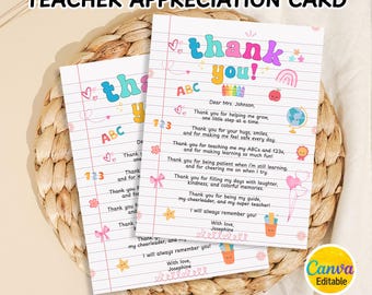 Carta de agradecimiento editable para profesores, tarjeta de agradecimiento para profesores infantiles, carta de agradecimiento para profesores, nota de agradecimiento para profesores, regalo para profesores, Canva