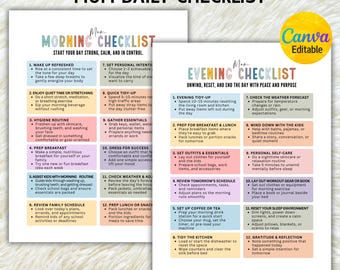Könnte beinhalten: Ein druckbares Mom Daily Checklist mit Morgen- und Abendroutinen. Die Checklisten befinden sich auf weißem Papier mit farbigem Text und Überschriften. Das Canva Editable-Logo befindet sich in der oberen rechten Ecke.