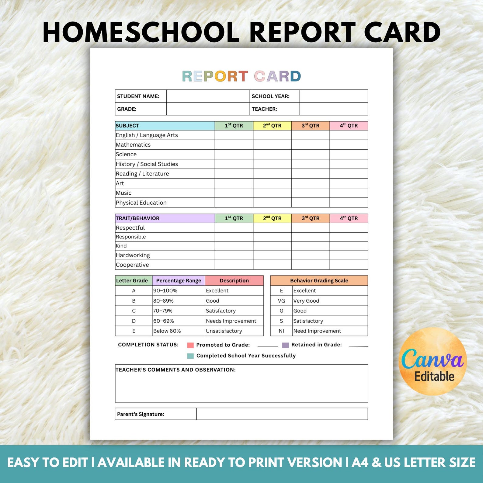 Homeschool Report Card for Grade School, Progress Report Card, Student ...