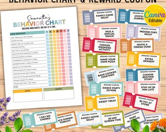 May include: A printable behavior chart and reward coupon set. The chart has a colorful grid for tracking good habits. Reward coupons offer options like a family game night, extra dessert, or a trip to the toy store.