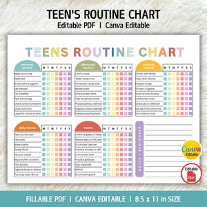 May include: A Teen's Routine Chart, editable in PDF and Canva, with sections for morning, afternoon, and evening routines, plus daily chores and habits. The chart is 8.5 x 11 inches in size, designed to help teens manage their time.