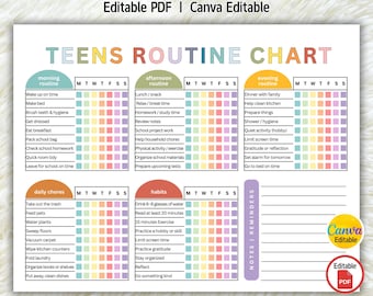 Editable Teens Routine Chart, Teens Chore Chart, Daily Checklist for Teens, Teens Daily Schedule, Teens Responsibility Chart, Canva,PDF