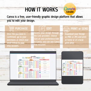 May include: A digital product design displayed on a laptop and tablet, showcasing a colorful summer schedule template. The image includes instructions on how to purchase, edit, and print the design using Canva.