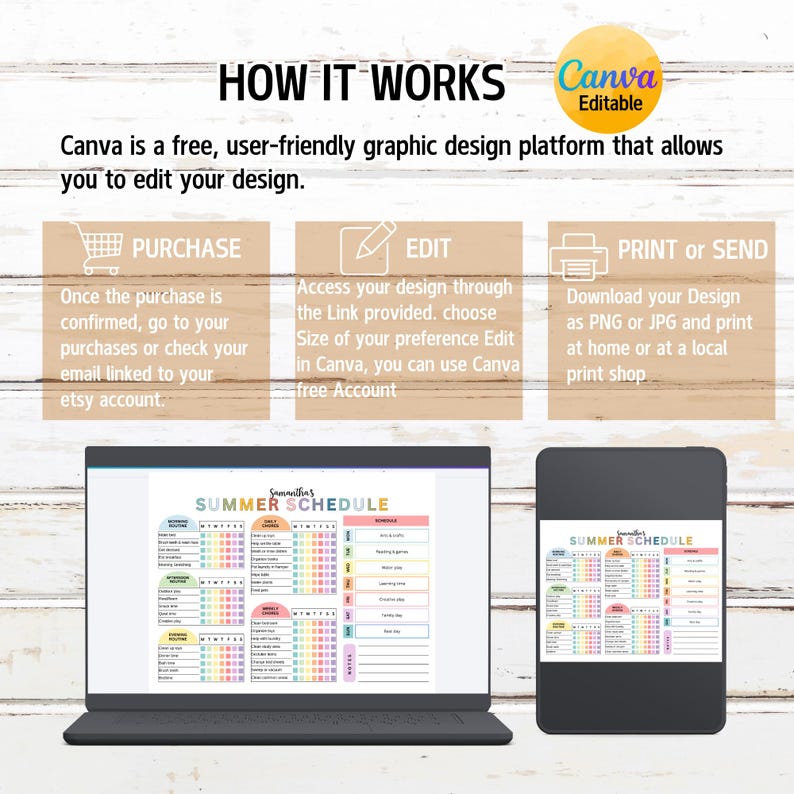 May include: A digital product design displayed on a laptop and tablet, showcasing a colorful summer schedule template. The image includes instructions on how to purchase, edit, and print the design using Canva.