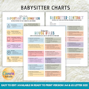 May include: A set of printable babysitter charts with important information, house rules, and a babysitter contract. The charts are in a colourful design and include editable fields for customisation. The text includes emergency contacts and safety guidelines.