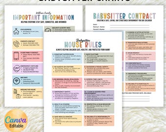 Editable Babysitter Chart, Family Information Sheet, Babysitter Contract, Babysitter House Rules, Household Safety Sheet, Childcare Chart
