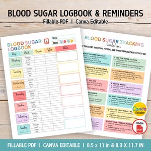 Blodsockerloggbok, blodsockerjournal, diabetesmätare, diabetesloggbok, glukosövervakning, Canva-mall, redigerbar PDF