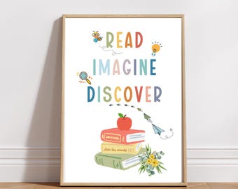 Read Imagine Discover Printable Poster, Reading Corner Poster Wall Decor, Homeschool Library Art, Classroom Decoration, Digital Download