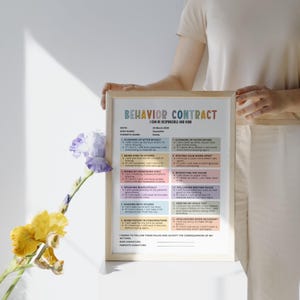 May include: A framed behavior contract with the text "I Can Be Responsible and Kind" in colorful letters. The contract lists rules for children, including cleaning up, being kind, and respecting the house. The frame is held by a person.