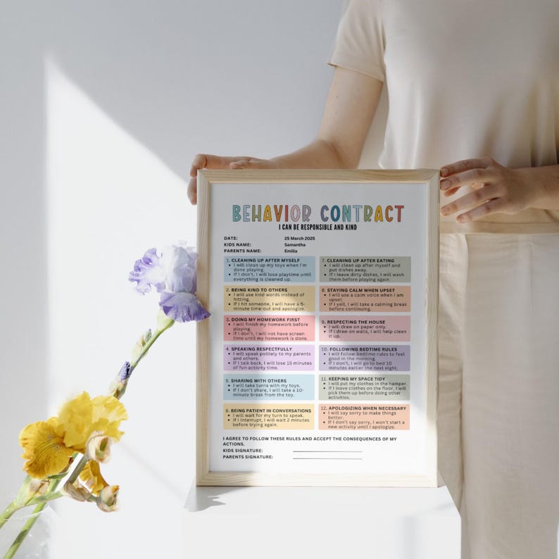 May include: A framed behavior contract with the text "I Can Be Responsible and Kind" in colorful letters. The contract lists rules for children, including cleaning up, being kind, and respecting the house. The frame is held by a person.