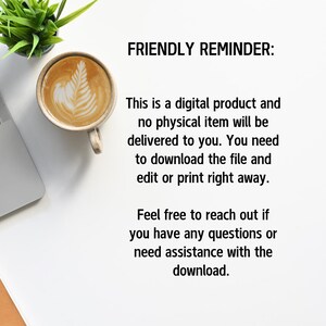 May include: A top-down view of a workspace with a cup of coffee with latte art, a laptop, and a small plant. The text "FRIENDLY REMINDER: This is a digital product..." is displayed on the right side of the image.