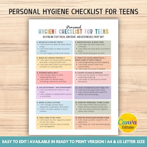 May include: A personal hygiene checklist for teenagers, with 12 daily habits to help stay fresh and confident. The colourful design includes sections on dental care, handwashing, and showering. Available in A4 and US Letter sizes, it's easy to edit and print.