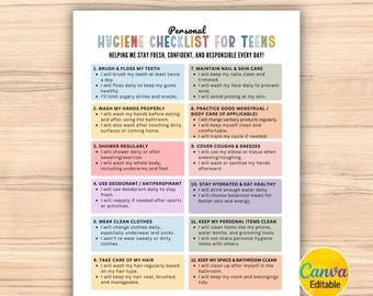 Lista de verificación de higiene personal editable para adolescentes, lista de higiene, rutina de autocuidado para adolescentes, tabla de cuidado personal para adolescentes, recordatorios de higiene, Canva