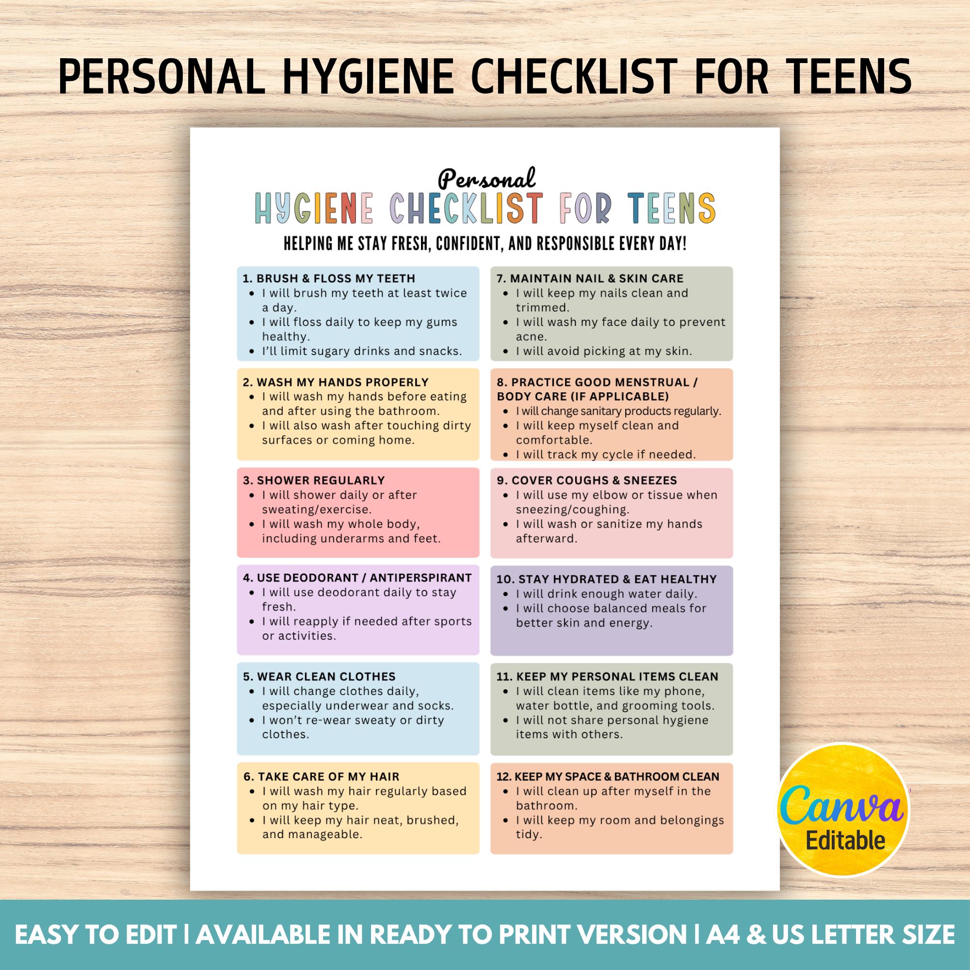Editable Personal Hygiene Checklist for Teens, Hygiene List, Teens Self