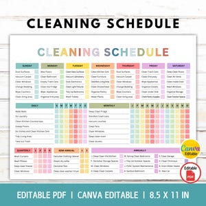 May include: A printable cleaning schedule template featuring a weekly, daily, monthly, quarterly, semi-annual, and annual task list. The document includes colorful headers, checkboxes, and the text 'CLEANING SCHEDULE', 'Canva Editable', and 'Editable PDF'.