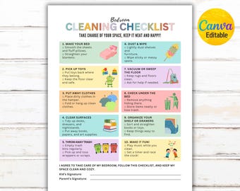Lista de verificación editable para la limpieza del dormitorio infantil, tabla de tareas del dormitorio infantil, rutina de limpieza de la habitación, tabla de responsabilidades, organigrama infantil