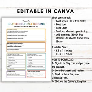 Op de afbeelding: Een afdrukbare sjabloon voor familiebijeenkomsten met secties voor dankbaarheid, leuke activiteiten en afsluitende berichten. Het document is bewerkbaar in Canva en beschikbaar in formaten van 21,6 x 27,9 cm en 21,1 x 29,7 cm. Downloadinstructies zijn inbegrepen.