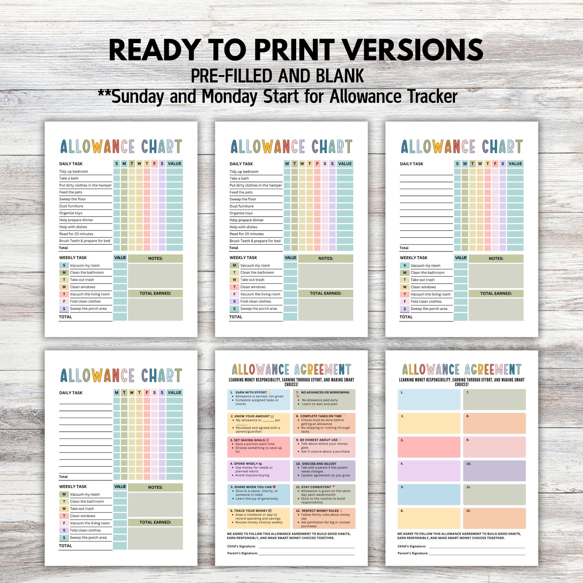 Editable Allowance Chart, Allowance Tracker for Kids, Allowance Rules ...