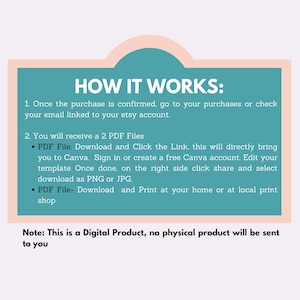 May include: A teal and peach graphic with the text "HOW IT WORKS:" and instructions for downloading a digital product. The text explains how to access and edit the PDF files, and download them as PNG or JPG.