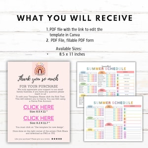 May include: A digital download product image with the text "WHAT YOU WILL RECEIVE" and "SUMMER SCHEDULE". The image includes a pink card with text and two colorful summer schedule templates. The available size is 8.5 x 11 inches.