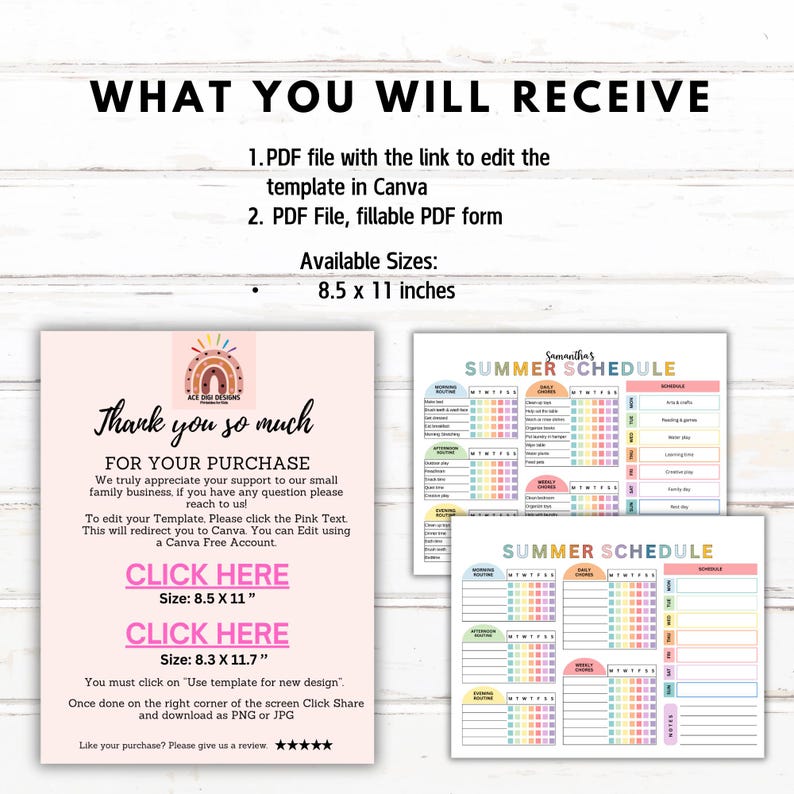 May include: A digital download product image with the text "WHAT YOU WILL RECEIVE" and "SUMMER SCHEDULE". The image includes a pink card with text and two colorful summer schedule templates. The available size is 8.5 x 11 inches.