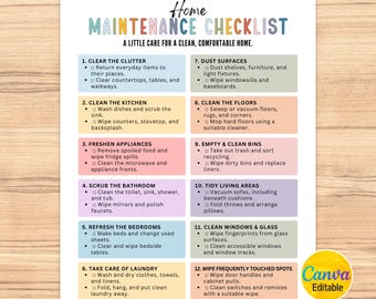 Home Maintenance Checklist,  Household Chore Checklist, Home Cleaning Checklist, Cleaning Schedule, Cleaning Planner,Editable Canva Template