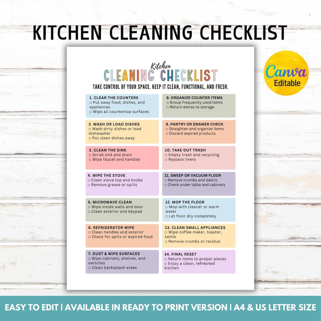 Editable Kitchen Cleaning Checklist, Kitchen Cleaning List, Cleaning ...