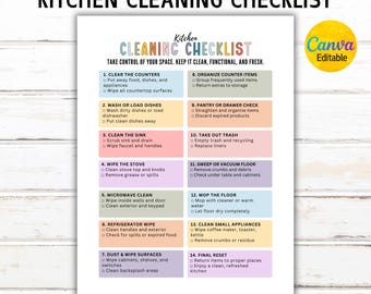 Editable Kitchen Cleaning Checklist, Kitchen Cleaning List, Cleaning Checklist, Home Cleaning Planner, Canva Template, Digital Download