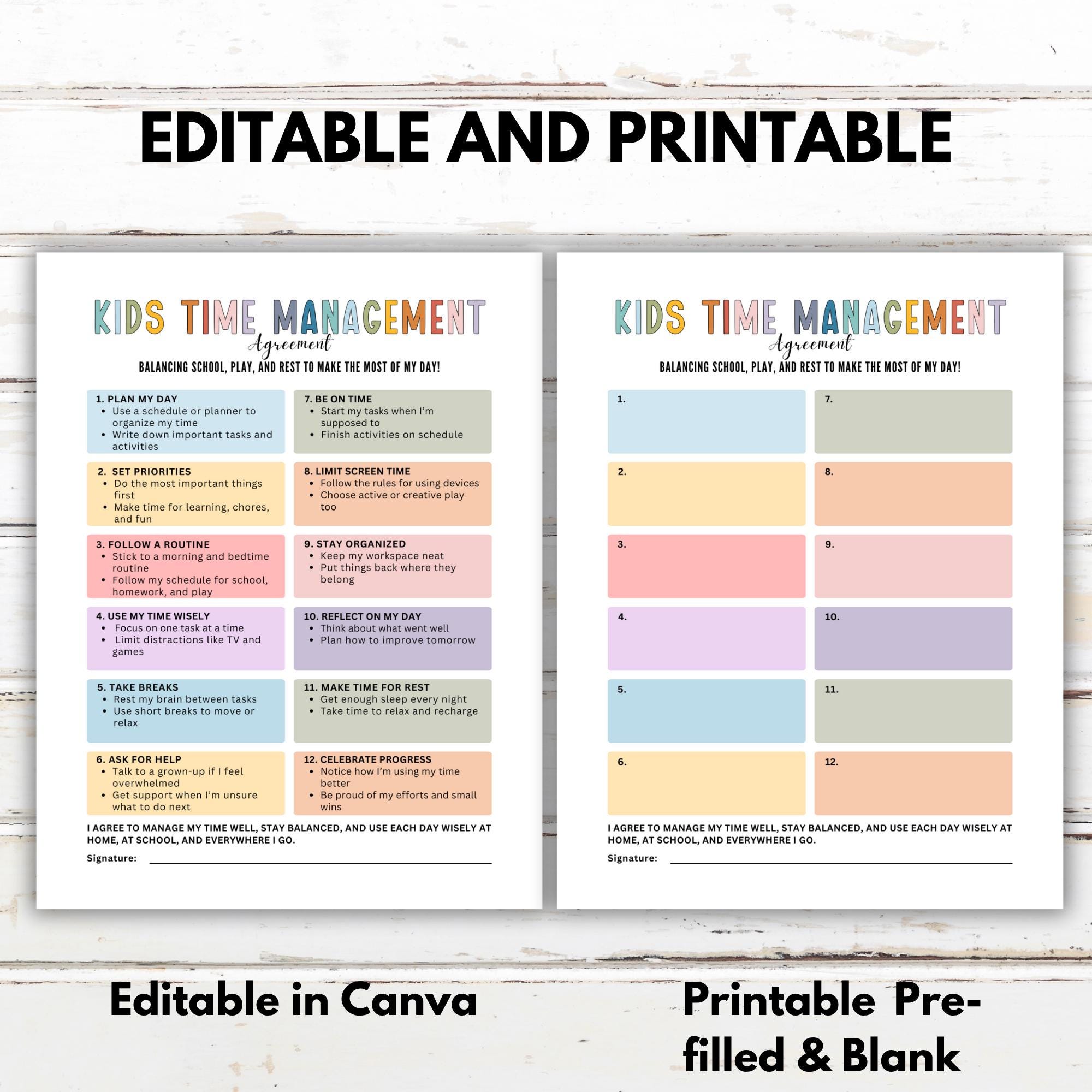 Editable Kids Time Management, Kids Routine Chart, Daily Schedule for ...