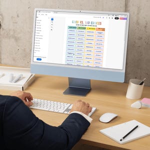 May include: A person using a computer with a white keyboard and mouse. The computer screen displays the text "GOOD VS. BAD CHOICES" in colorful boxes. The desk also has a notepad, pen, and a small white container.