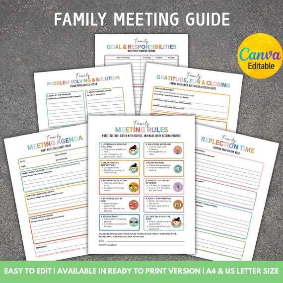 Editable Family Meeting Guide Home Planner, Family Meeting Agenda, Family Meeting Worksheet, Family Household Organization Template, Canva