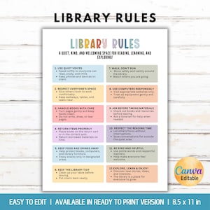May include: A printable sign titled LIBRARY RULES with a subtitle A QUIET, KIND, AND WELCOMING SPACE FOR READING, LEARNING, AND EXPLORING! It lists twelve numbered rules in colorful rectangular boxes on a white background, measuring 8.5 by 11 inches.