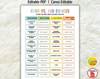 Gut Vs. Bad Variations Chart, Kinder Verhaltens Tabelle, positives negatives Verhalten, Disciplin Tabelle, Haushaltsregeln, Canva, PDF