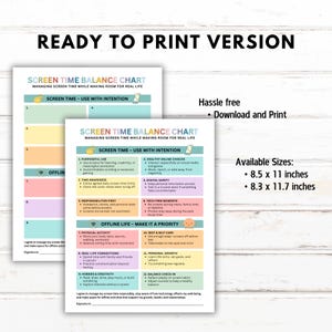 May include: Two printable screen time balance charts, labelled "Ready to Print Version." The charts focus on managing screen time and promoting offline activities. Available in 21.6 x 27.9 cm and 21.1 x 29.7 cm sizes.