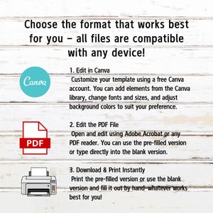 May include: Image with text: "Choose the format that works best for you - all files are compatible with any device!" Instructions for editing in Canva, editing a PDF, and printing. Includes Canva logo, PDF icon, and printer icon.