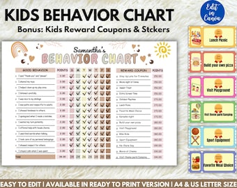 Tableau de comportement des enfants, coupons de récompense, modèle modifiable (téléchargement numérique)