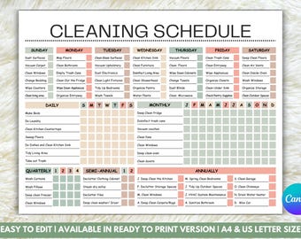 Bewerkbaar ADHD-schoonmaakschema, schoonmaakchecklist, wekelijks maandelijks jaarlijks klusschema, lijst met huishoudelijke taken, digitale download