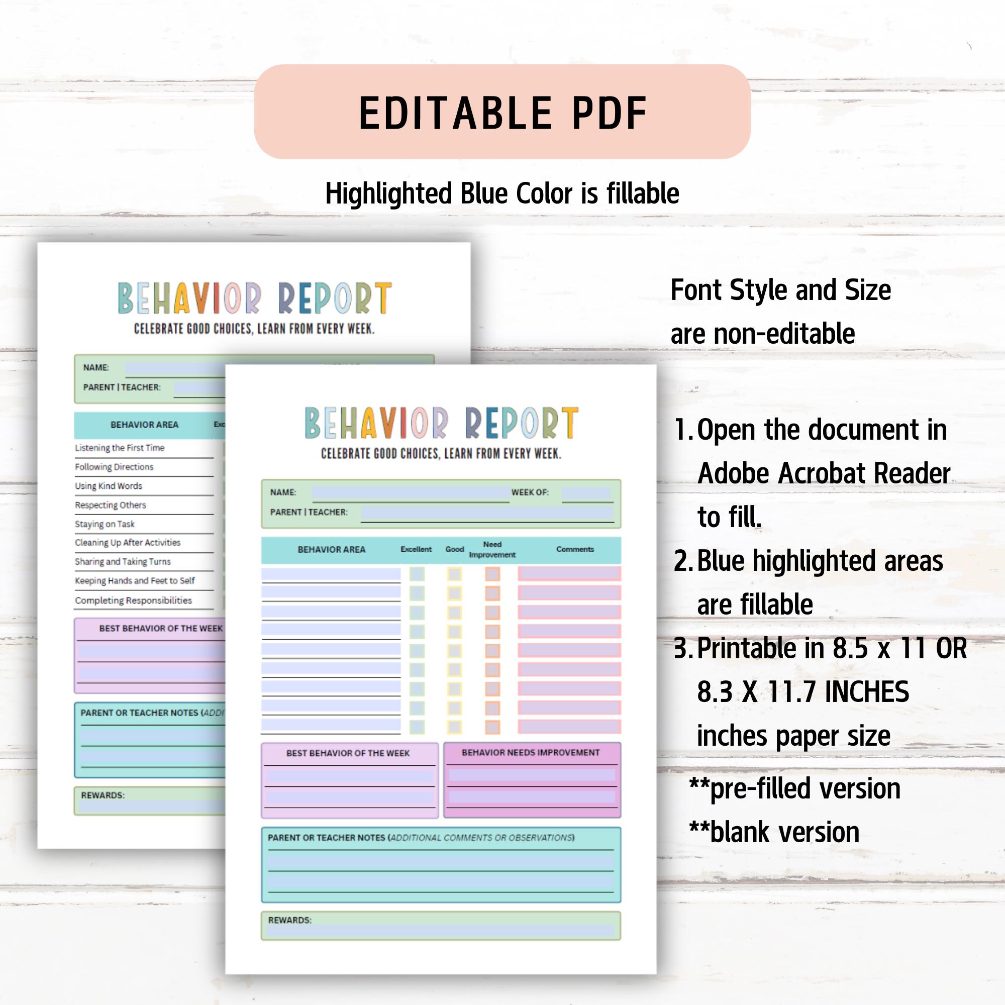Behavior Report Chart, Behavior Tracker, Behavior Reflection Sheet ...