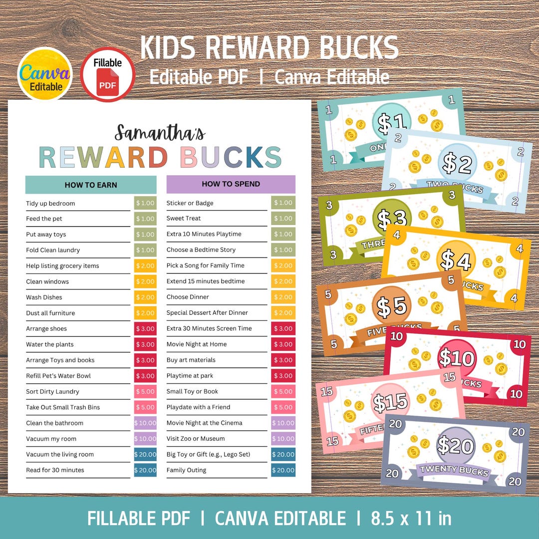 Bucks Color Chart Editable Kids Reward Bucks, Kids Allowance Chart, Chore Bucks ...