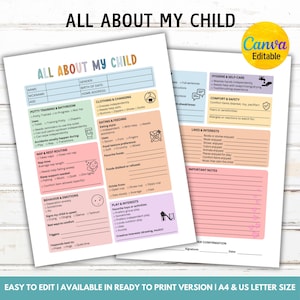 May include: Two printable pages titled "All About My Child" with fill-in sections for personal details, habits, and preferences. The pages are designed with colourful boxes and headings, including "Potty Training," "Eating & Feeding," and "Likes & Interests."
