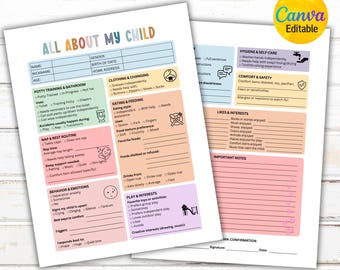 Alles über mich Vorlage für Kindertagesstätte, Kindergarten-Formular, Informationen zur Kindertagesstätte, Kinder-Informationsformular, Vorschul-Fragebogen, Canva-Vorlage