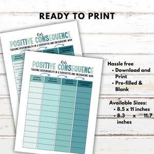May include: Two white printable sheets with the text "Kids Positive Consequence" in teal. The sheets have a chart format with columns for Action/Behavior, Why It's Important, Positive Outcome, and Encouraging Reminder. Text on the right side says "Hassle free, Download and Print, Pre-filled & Blank".
