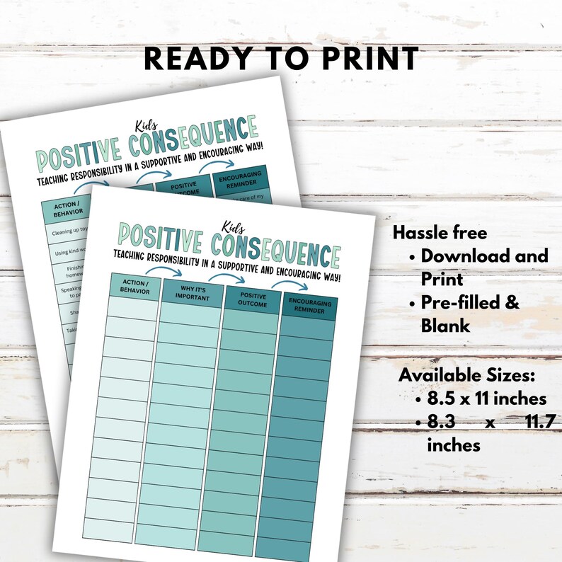 May include: Two white printable sheets with the text "Kids Positive Consequence" in teal. The sheets have a chart format with columns for Action/Behavior, Why It's Important, Positive Outcome, and Encouraging Reminder. Text on the right side says "Hassle free, Download and Print, Pre-filled & Blank".