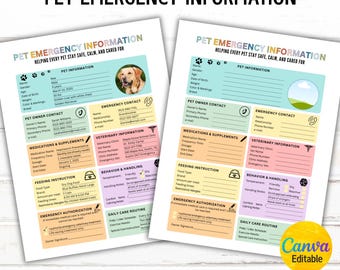 Hoja de información de emergencia para mascotas, Instrucciones para cuidadores de mascotas, Guía de cuidado de mascotas, Formulario de información para cuidadores de mascotas, Plantilla editable de Canva