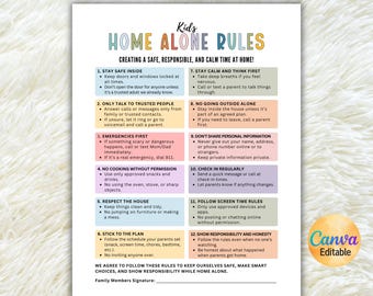Reglas de seguridad para niños solos en casa, reglas de la casa para niños, reglas familiares de la casa, tabla de responsabilidades, letrero de seguridad para el hogar, plantilla editable de Canva