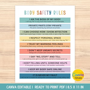 May include: A white educational poster titled BODY SAFETY RULES with colorful horizontal bars. Each bar lists a rule such as I AM THE BOSS OF MY BODY, PRIVATE PARTS STAY PRIVATE, and I RESPECT PERSONAL SPACE, with explanatory text below each.