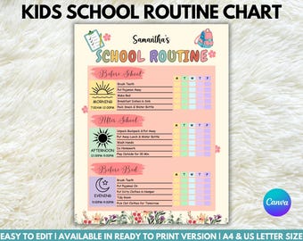 May include: A printable school routine chart for kids featuring the text Samantha's School Routine. The layout includes sections for Before School, After School, and Before Bed with daily checklists for Monday through Friday, decorated with floral accents.