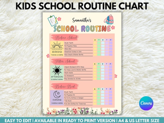 Kids Daily Routine Chart for School, Morning & After School Checklist, Kids Daily Checklist, Responsibility Chart for Kids, Canva Template