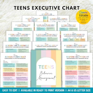 May include: A collection of printable teen behavior management charts. The charts cover topics like house rules, chores, screen time, and online media use. The design is pastel-colored with the text "TEENS Executive Chart".