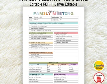 Plantilla editable para reuniones familiares, agenda para reuniones familiares, guía para reuniones familiares, hoja de trabajo para reuniones, planificador del hogar, organización del hogar